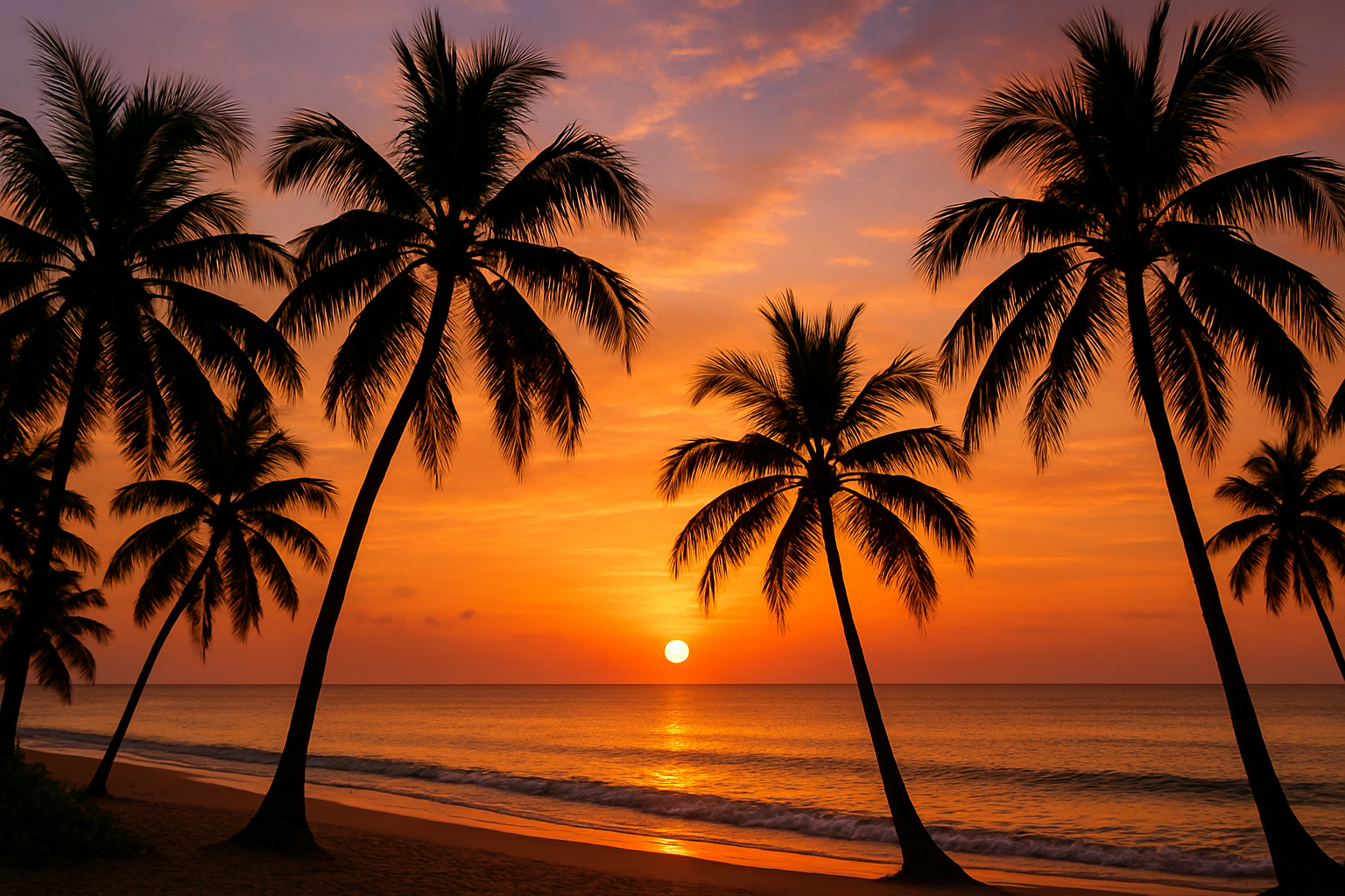 une image avec une plage et un soleil couchant et des palmiers